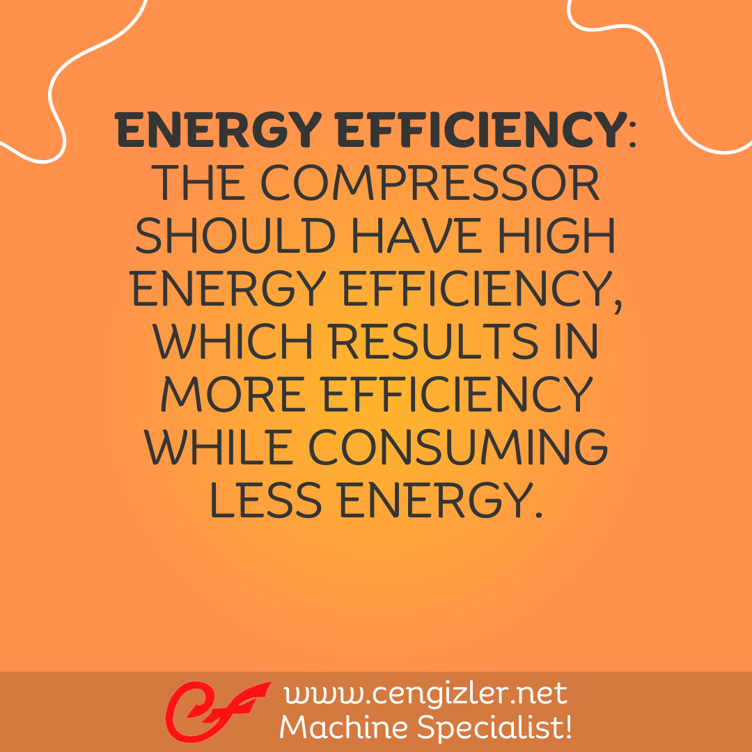 3 Energy Efficiency. The compressor should have high energy efficiency, which results in more efficiency while consuming less energy
